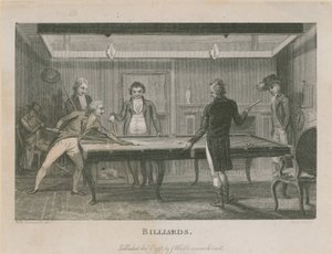Ilustracja przedstawiająca grupę mężczyzn grających w bilard autorstwa English School