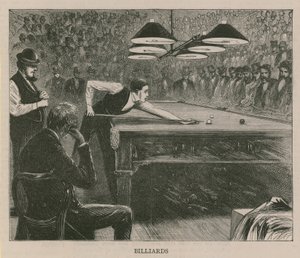 Ilustracja przedstawiająca mężczyzn grających w bilard autorstwa English School