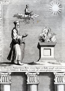Ilustracja przedstawiająca Zoroastra wielbiącego ogień i słońce, 1697 autorstwa English School