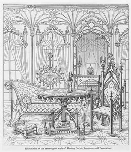 Ilustracja ekstrawaganckiego stylu nowoczesnych gotyckich mebli i dekoracji, z True Principles of Pointed of Christian Architecture, Augusta Welby Pugina (1812-52) autorstwa English School