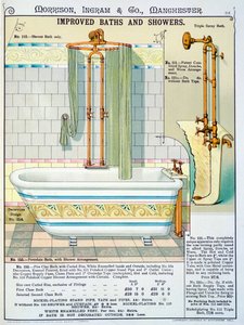 Ulepszone wanny i prysznice z katalogu wyrobów sanitarnych produkowanych przez Morrison, Ingram & Co., Manchester, opublikowanego ok. 1890 r. autorstwa English School