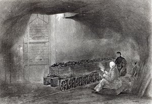 W kopalni węgla, ilustracja z „Historii węgla, koksu, pól węglowych i produkcji żelaza w północnej Anglii” autorstwa W.Fordyce’a, opublikowanej w 1860 r. autorstwa English School