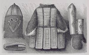 Indyjski panoplia składająca się z hełmu, tuniki, rękawic i butów z Bhuj, z Historii ludzkości, t. III, autorstwa prof. Friedricha Ratzela, 1898 autorstwa English School