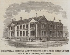 Szkoły przemysłowe i wolny kościół pracujący dla mężczyzn w Kirkdale w Liverpoolu (grafika) autorstwa English School