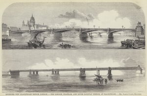 Planowany nowy most Blackfriars Bridge, Londyn, London, Chatham i Dover Railway Bridge, w Blackfriars (grawerowanie) autorstwa English School
