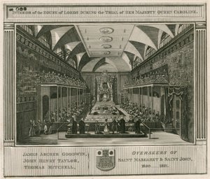 Wnętrze Izby Lordów podczas procesu Jej Wysokości Królowej Karoliny autorstwa English School