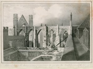 Widok wnętrza Izby Lordów i Gmin dzień po pożarach zdjęty ze szczytu Westminster Hall