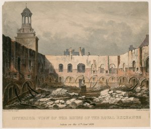 Widok wnętrza ruin Royal Exchange w Londynie, wykonany 11 stycznia 1838 r. autorstwa English School