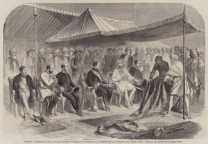 Wywiad w Sealkote, 9 marca, pomiędzy Maharajah Rumbeer Singh of Cashmere a Jego Ekscelencją Lordem Canningiem (grawerowanie) autorstwa English School