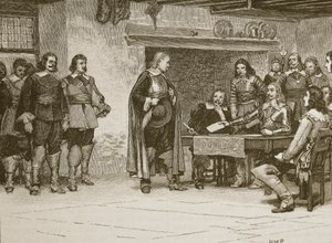 Wywiad między Charlesem a hrabią Denbigh, ilustracja z Cassells Illustrated History of England (zdjęcie w sepii) autorstwa English School