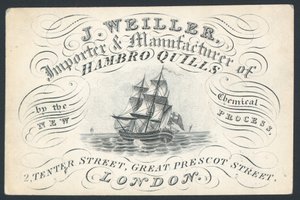 J Weiller, importer i producent hambro Quills, 2 Tenter Street, karta handlowa autorstwa English School