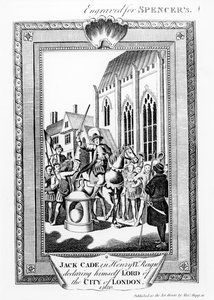 Jack Cade (zm. 1450) w panowaniu Henryka VI ogłaszającego się panem City of London, wygrawerowany dla Spencera autorstwa English School