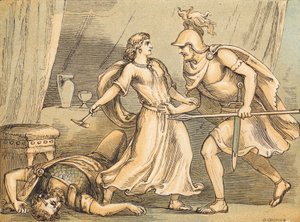 Jael i Sisera (kolorowy grawerunek) autorstwa English School