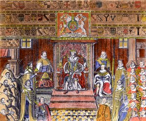 Jakub I z Anglii (1566-1625) na dworze (grawerowanie) (późniejsze zabarwienie) autorstwa English School