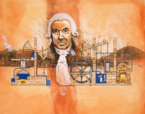 James Watt z piecami i pompami mechanicznymi w tle autorstwa English School