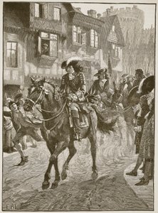 James wjeżdżający do Dublina po bitwie nad Boyne, ilustracja z Cassells Illustrated History of England (zdjęcie w sepii) autorstwa English School