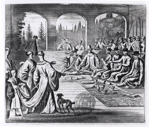 Jezuici z kupcami holenderskimi i portugalskimi na dworze cesarza Japonii, ilustracja z Pamiętnej ambasady do cesarza Japonii autorstwa Arnolda Montanusa, opublikowana w Londynie 1670 autorstwa English School
