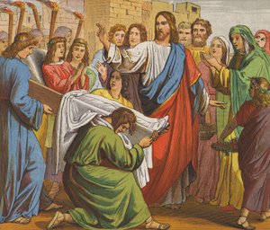 Jezus Chrystus wskrzeszający syna wdowy z Nain (kolorowa litografia) autorstwa English School