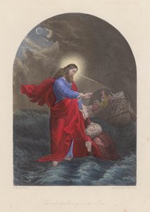 Jezus Chrystus idący nad Jeziorem Galilejskim (kolorowy grawerunek) autorstwa English School