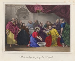 Jezus Chrystus umywa nogi swoim uczniom (kolorowy grawerunek) autorstwa English School
