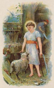 Jezus w warsztacie stolarskim (kolorowa litografia) autorstwa English School