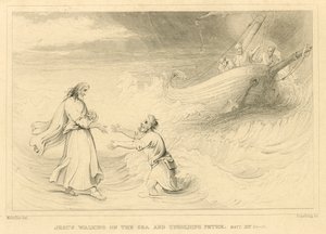 Jezus chodzi po morzu i podtrzymuje Piotra, Mateusz XIV, 24-33 (rycina) autorstwa English School