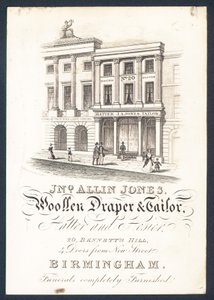 John Allin Jones, wełniany draper i krawiec, kapelusznik i pończocha, karta handlowa autorstwa English School