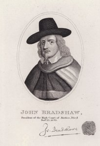 John Bradshaw, angielski sędzia, który był prezesem Wysokiego Trybunału Sprawiedliwości w procesie króla Karola I w 1649 r. (rycina) autorstwa English School