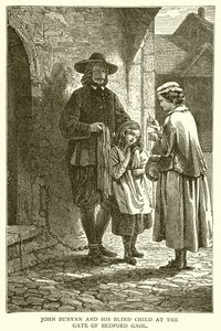 John Bunyan i jego niewidome dziecko przy bramie Bedford Gaol autorstwa English School