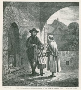 John Bunyan i jego niewidoma córka w drzwiach więzienia Bedford autorstwa English School