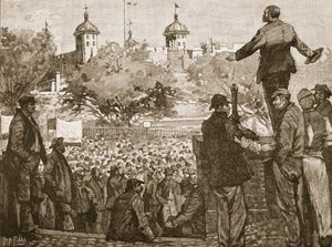 John Burns przemawiający na spotkaniu dokerów w Tower Hill, 1889, ilustracja z Cassells Illustrated History of England (zdjęcie w sepii) autorstwa English School