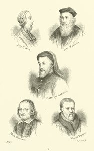 John Gower, John Wycliffe, Geoffrey Chaucer, Miles Coverdale, William Tyndale autorstwa English School