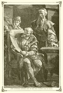 John Gutenberg pokazuje Faustowi część Pierwszej Drukowanej Księgi autorstwa English School
