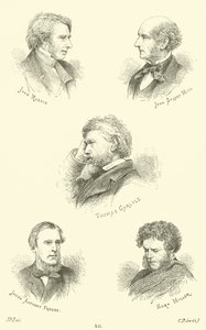 John Ruskin, John Stuart Mill, Thomas Carlyle, James Anthony Froude, Hugh Miller autorstwa English School