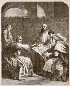 Jan odmawia podpisania artykułów baronów, ilustracja z Cassells Illustrated History of England (zdjęcie w sepii) autorstwa English School