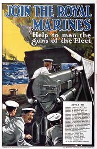 Dołącz do Royal Marines — pomóż obsadzić działa floty, plakat rekrutacyjny do I wojny światowej