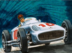 Juan Manuel Fangio prowadzący Mercedes-Benz autorstwa English School