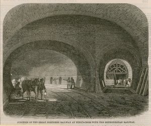 Skrzyżowanie Great Northern Railway w Kings Cross z Metropolitan Railway autorstwa English School