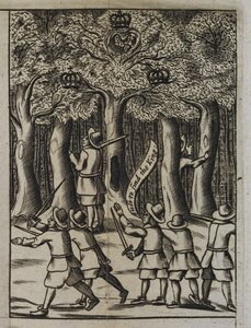 Król Karol II ukrywający się w Boscobel Woods, z „Historii najwspanialszego zachowania jego świętych majestatu po bitwie pod Worcester” autorstwa English School