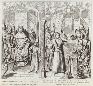 Król Edward III wysyła swoje wyzwanie Philipowi de Valois, królowi Francji, biskupowi Lincoln i innym, którzy przysięgli nosić łatkę na jednym oku, dopóki nie dokonają jakiegoś dzielnego czynu A. autorstwa English School
