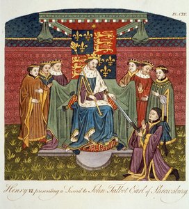 Król Henryk VI (1421-71) przedstawiający miecz Johnowi Talbotowi (ok.1388-1453) hrabiemu Shrewsbury, ilustracja z The Complete View of the Dress and Habits of the People of England Volume II, wydanie 17 autorstwa English School