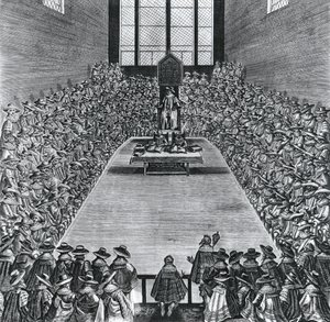 Król Jakub I (1566-1625) w Izbach Parlamentu, 1624 autorstwa English School