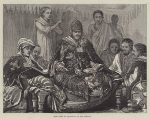 Król Jan z Abisynii na tronie (rycina) autorstwa English School