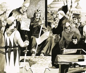 Karalius Jonas ruošiasi pasirašyti Magna Carta Runnymedepolyje autorstwa English School
