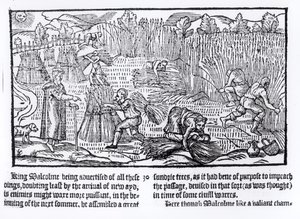 Król Malcolm ze Szkocji obserwuje pracę w rolnictwie, 1586 autorstwa English School