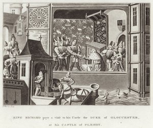 Król Ryszard odwiedza swojego wuja księcia Gloucester w swoim zamku Pleshy autorstwa English School