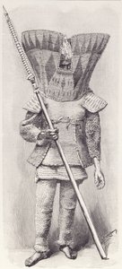 Kingsmill Islander w pełnej zbroi, z Historii ludzkości, tom 1, autorstwa prof. Friedricha Ratzela, 1896 autorstwa English School