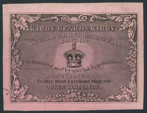Kirby, Beard and Kirby, Royal Diamond Patent Pins, karta handlowa autorstwa English School