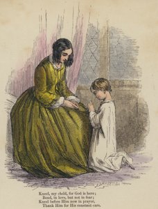 Uklęknij moje dziecko, bo Bóg jest tutaj; Pochyl się w miłości, ale nie w strachu; Uklęknij przed Nim teraz w modlitwie, Podziękuj Mu za stałą opiekę (kolorowy grawerunek) autorstwa English School