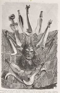 Noże, maska i mata z Górnego Kongo, z "The History of Mankind", Vol.III, prof. Friedrich Ratzel, 1898 autorstwa English School